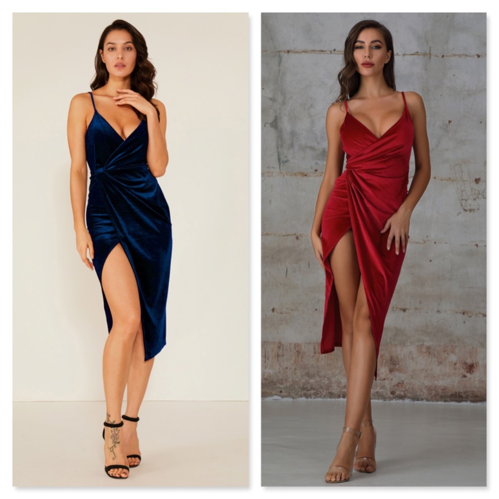 Blue Velvet Wrap Cami High Slit Asymmetric Dress - Picture 5 of 11